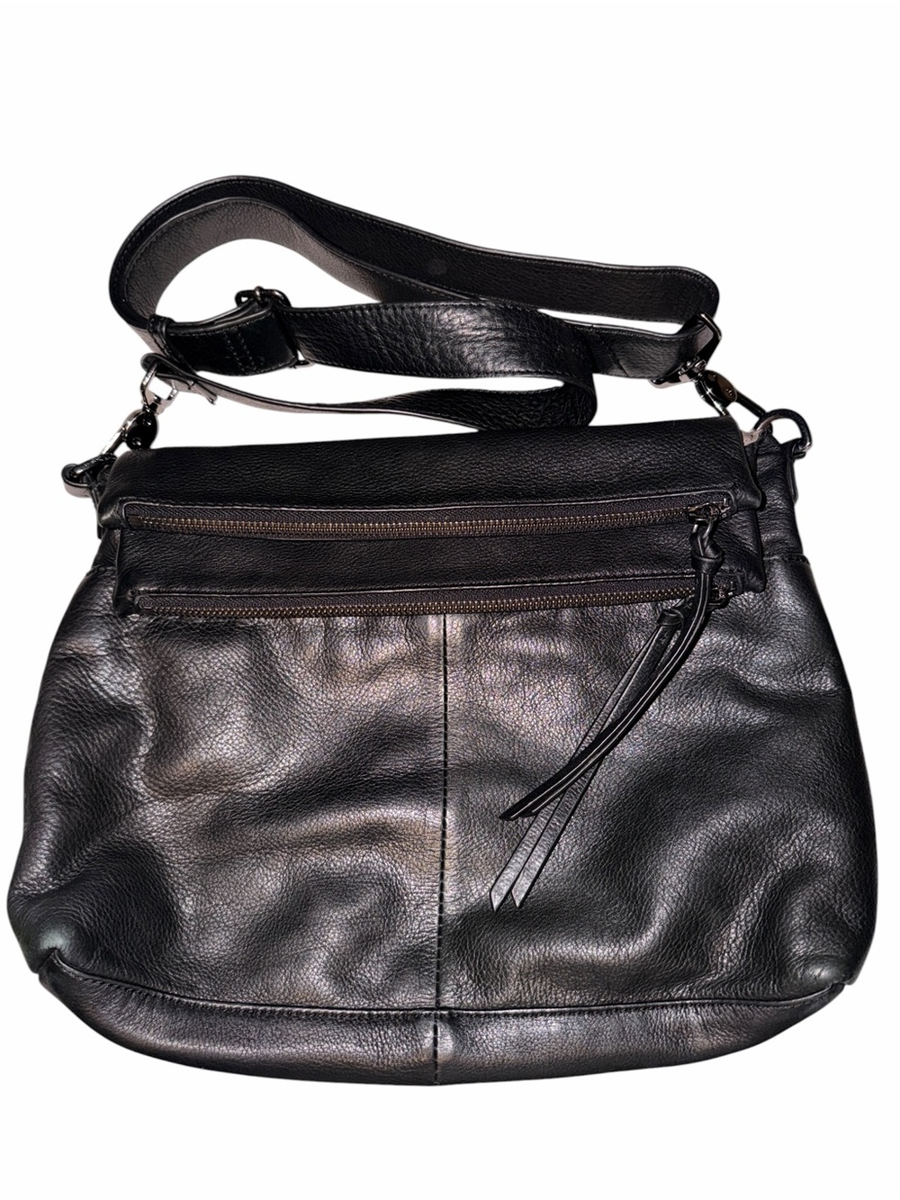 margot Black Pebbled Leather Shoulder Bag with Front Zips and Tassel Pull